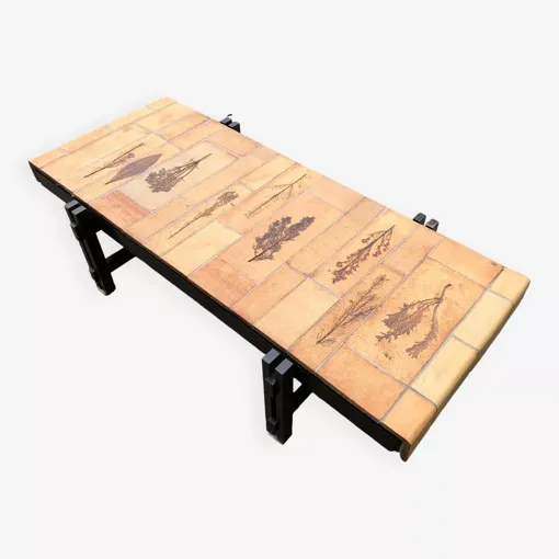 Table basse vintage design Roger Capron motif herbier en céramique et hêtre Bon état reconditionné disponible sur Rakuten