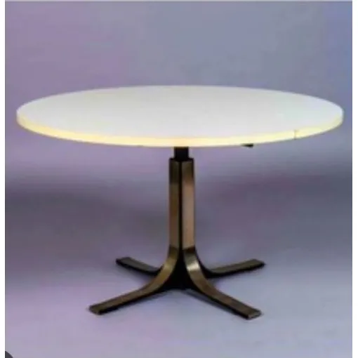TABLE DESIGN OSVALDO BORSANI RONDE EXTENSIBLE A RALLONGE BLANCHE TECNO STYLE 1970 PIED EN ETOILE ACIER CHROME BROSSE REGLABLE EN HAUTEUR AVEC SON VERIN CONSOLE 1M DE DIAMETRE BASSE HAUT REPAS SALON Bon état reconditionné disponible sur Rakuten