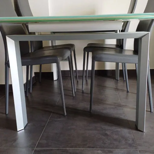 Table En Verre Et Acier Crozatier 160×90 Avec 2 Rallonges Intégrées De 40 Cm Chacune + 6 Chaises Bon état reconditionné disponible sur Rakuten