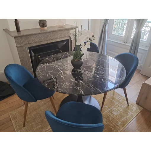 Table ronde de salle à manger marbre et 4 chaises en velours Bon état reconditionné disponible sur Rakuten