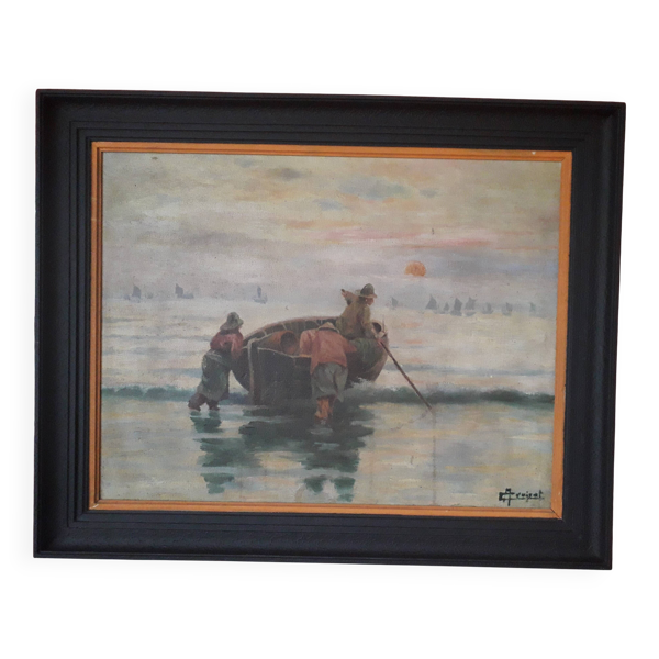 Tableau ancien à l'huile représentant des pêcheurs Bon état reconditionné (offre indisponible)