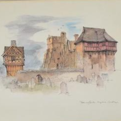 Voir photo 2 de Tableau : aquarelle d'un cimetière et de maisons à colombage Tableau : aquarelle d'un cimetière et de maisons à colombage Bon état reconditionné photo 2