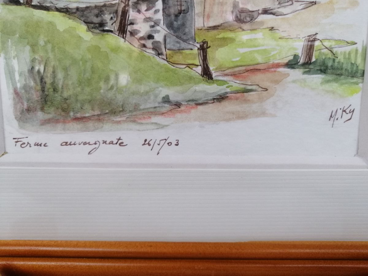 Voir photo 3 de Tableau aquarelle de Michèle Lebas alias Miky - Ferme auvergnate. Tableau aquarelle de Michèle Lebas alias Miky - Ferme auvergnate. Très bon état reconditionné photo 3