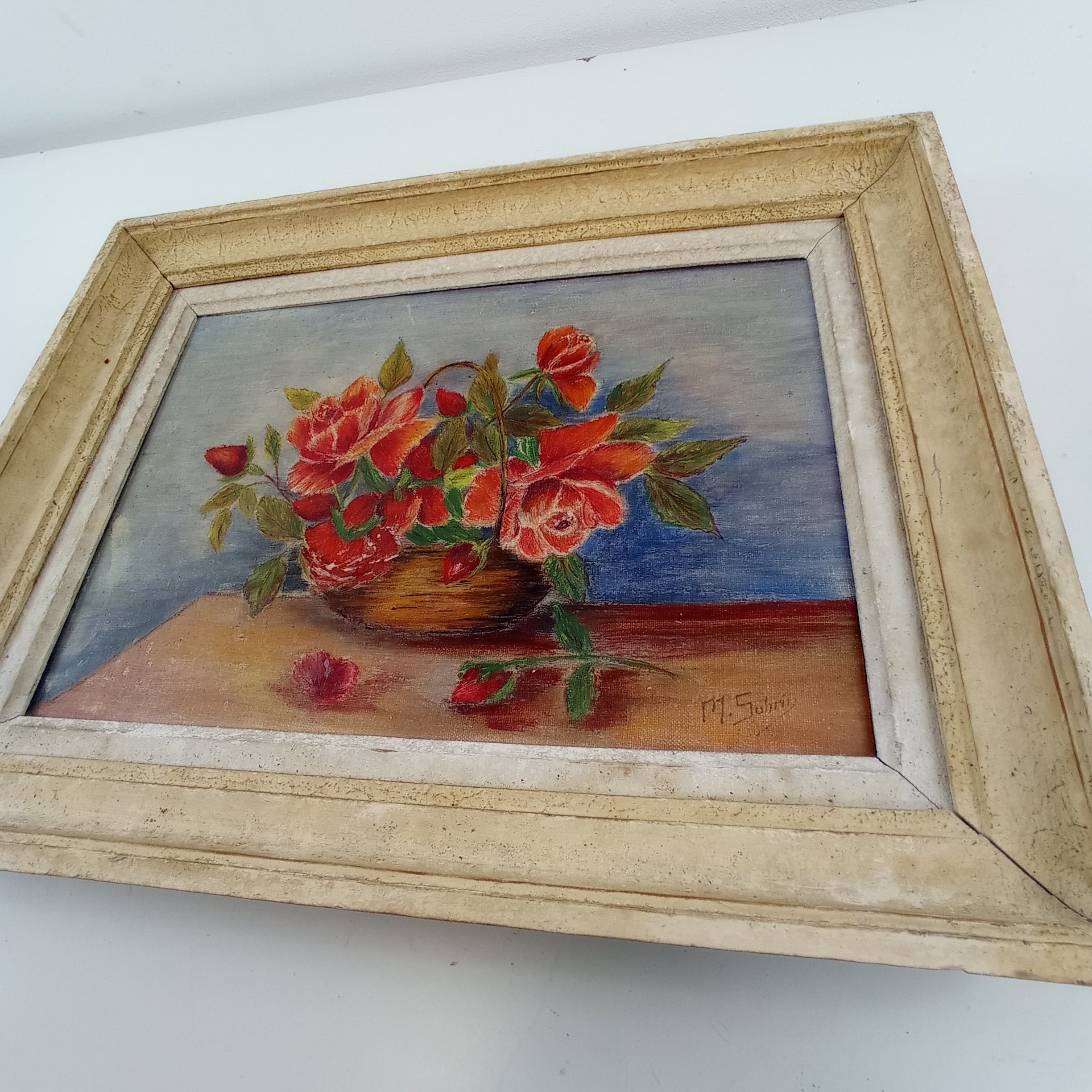 Voir photo 2 de Tableau composition florale, huile sur toile signée M.SUBRIN Tableau composition florale, huile sur toile signée M.SUBRIN reconditionné photo 2