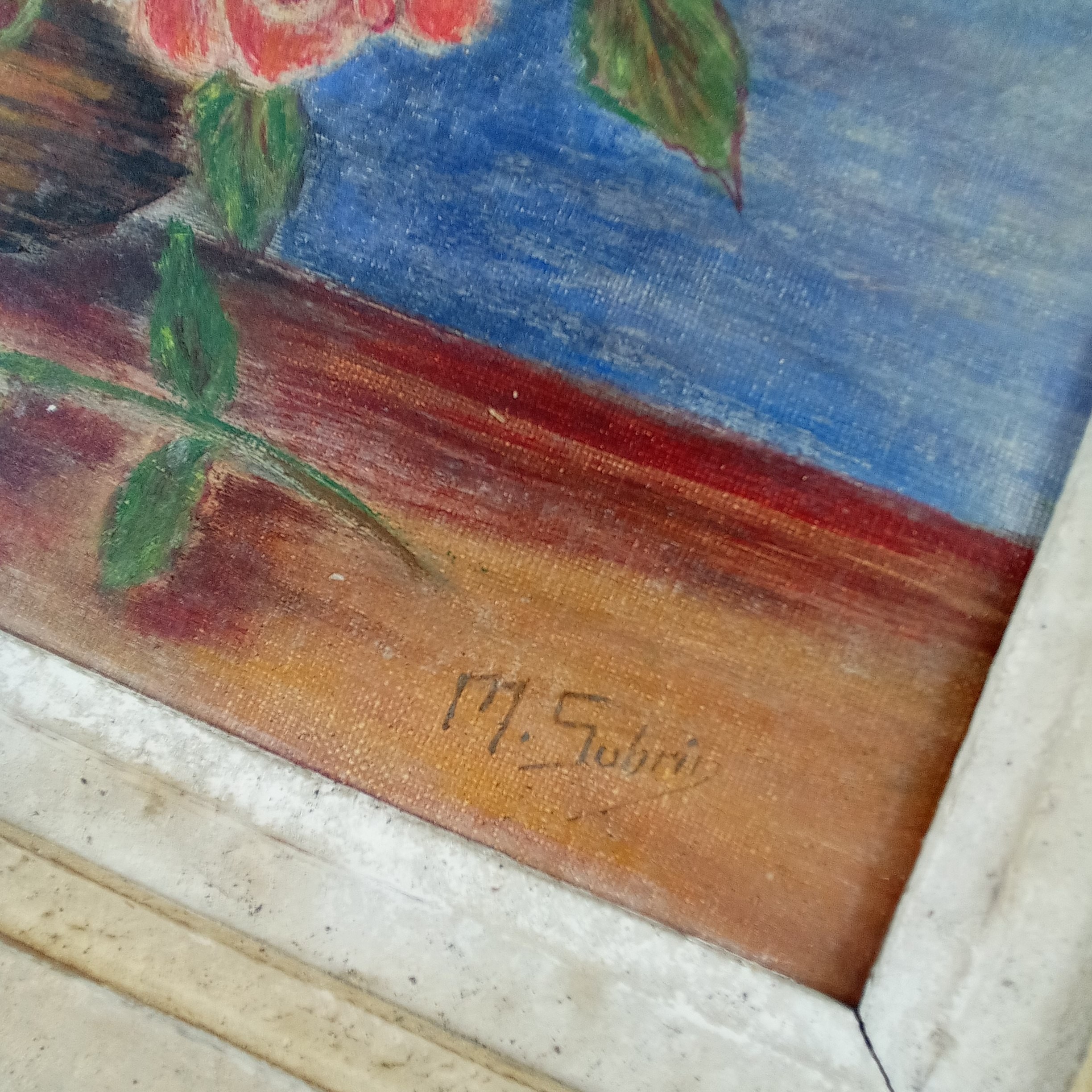 Voir photo 4 de Tableau composition florale, huile sur toile signée M.SUBRIN Tableau composition florale, huile sur toile signée M.SUBRIN reconditionné photo 4