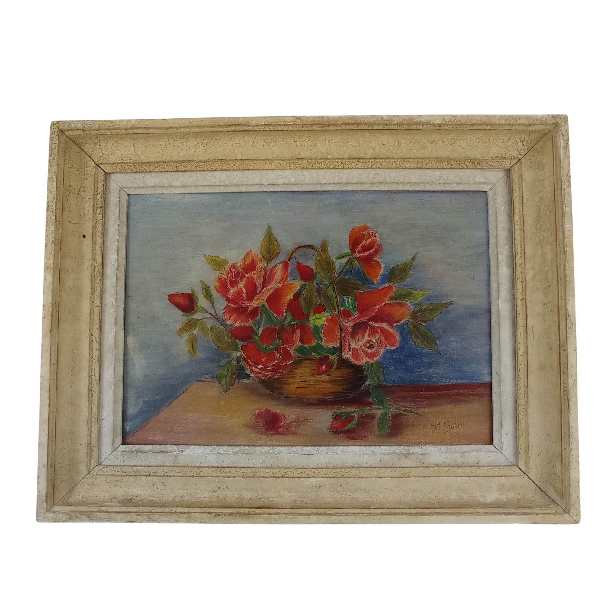 Tableau composition florale, huile sur toile signée M.SUBRIN - 20,00 € Tableau composition florale, huile sur toile signée M.SUBRIN reconditionné disponible sur Label Emmaüs