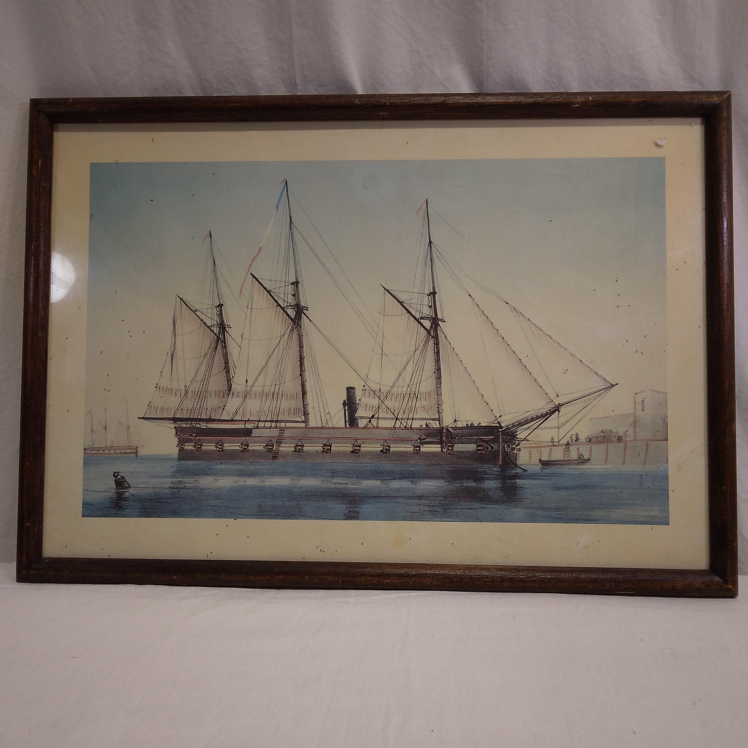 Voir photo 2 de Tableau d'un bateau à trois mâts, rouge et noir, reproduction Tableau d'un bateau à trois mâts, rouge et noir, reproduction État correct reconditionné photo 2