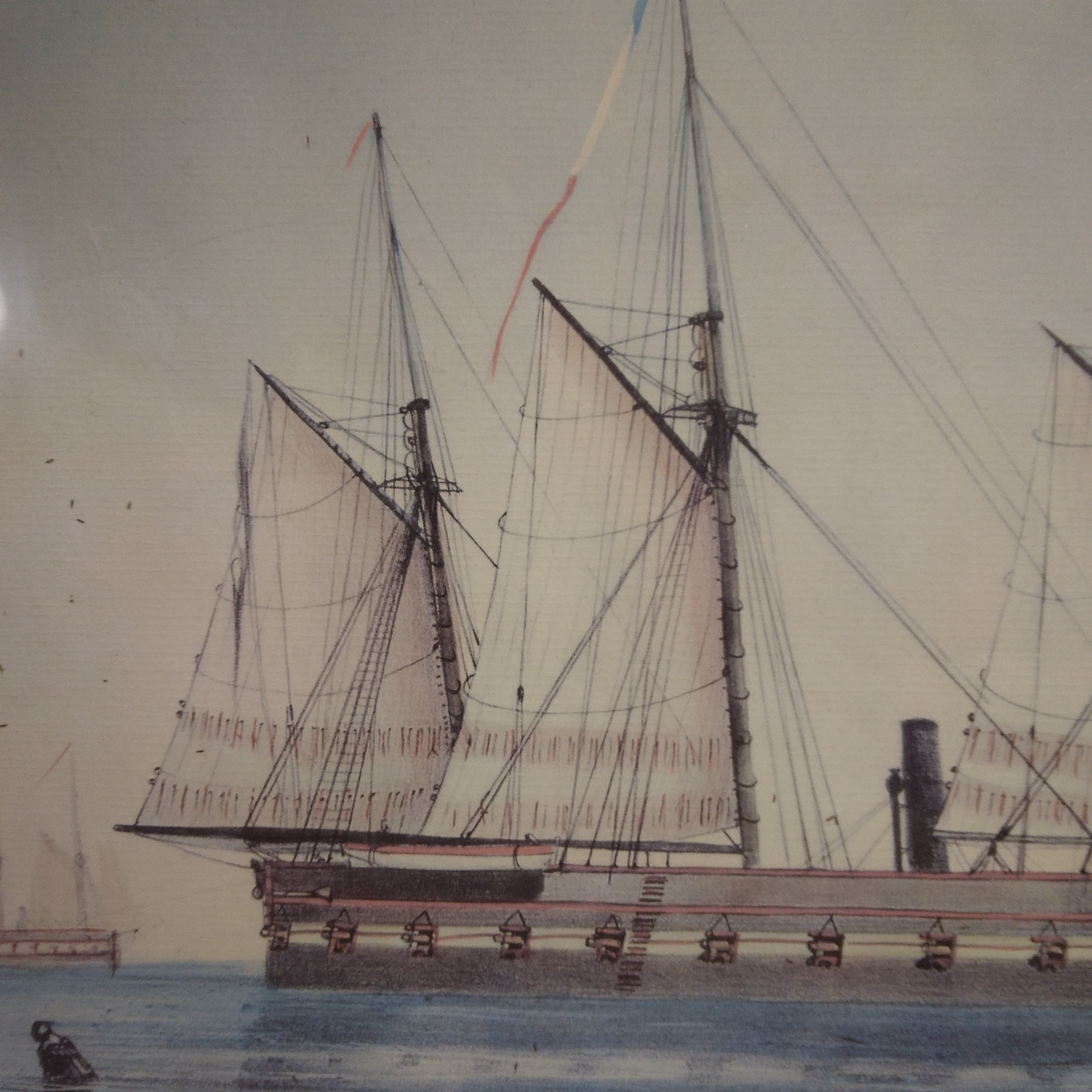 Voir photo 3 de Tableau d'un bateau à trois mâts, rouge et noir, reproduction Tableau d'un bateau à trois mâts, rouge et noir, reproduction État correct reconditionné photo 3