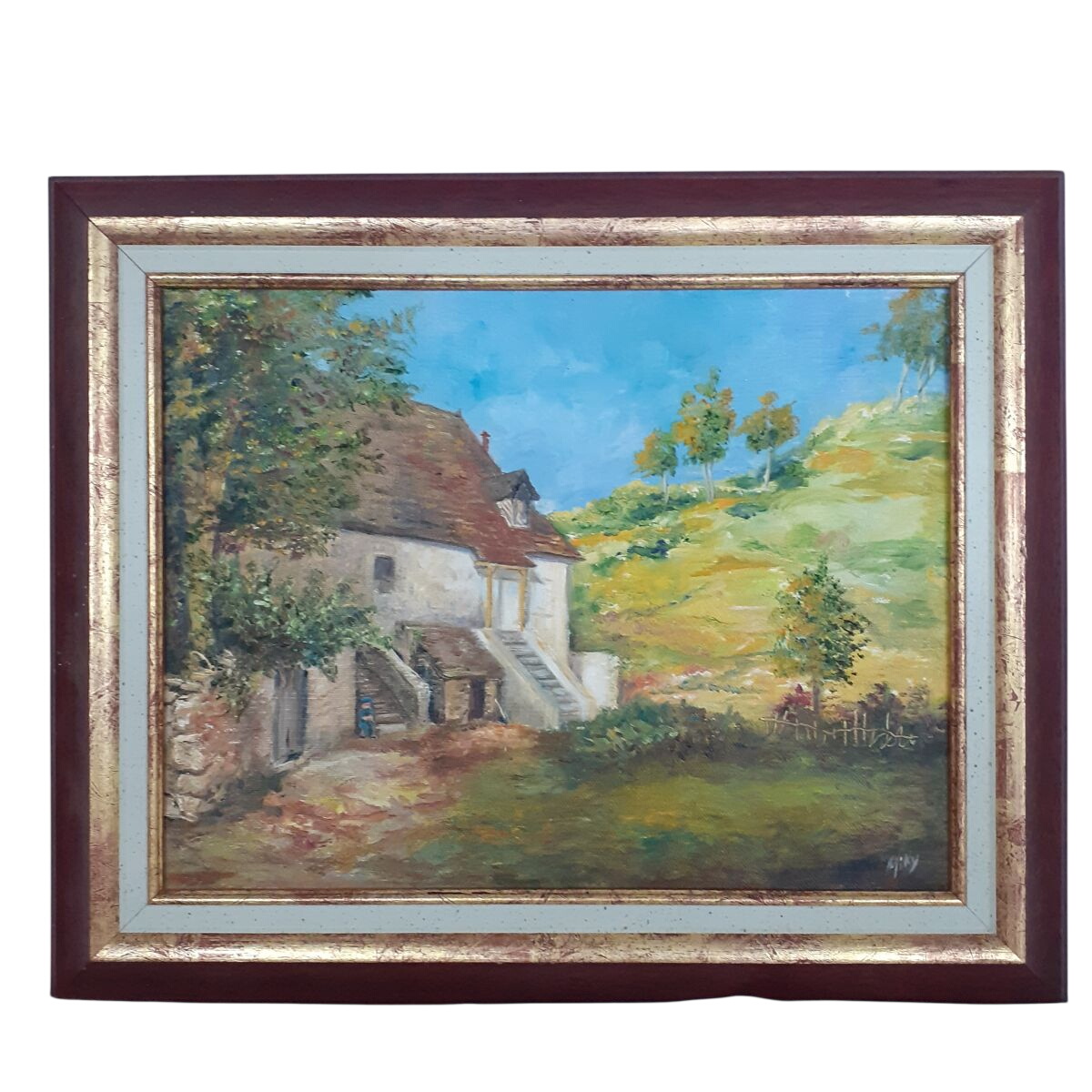 Tableau de Michèle Lebas alias Miky - Refuge George Sand - Villa Algira - Cadre bois rouge et doré Parfait état - 45,00 € Tableau de Michèle Lebas alias Miky - Refuge George Sand - Villa Algira - Cadre bois rouge et doré Parfait état reconditionné disponible sur Label Emmaüs