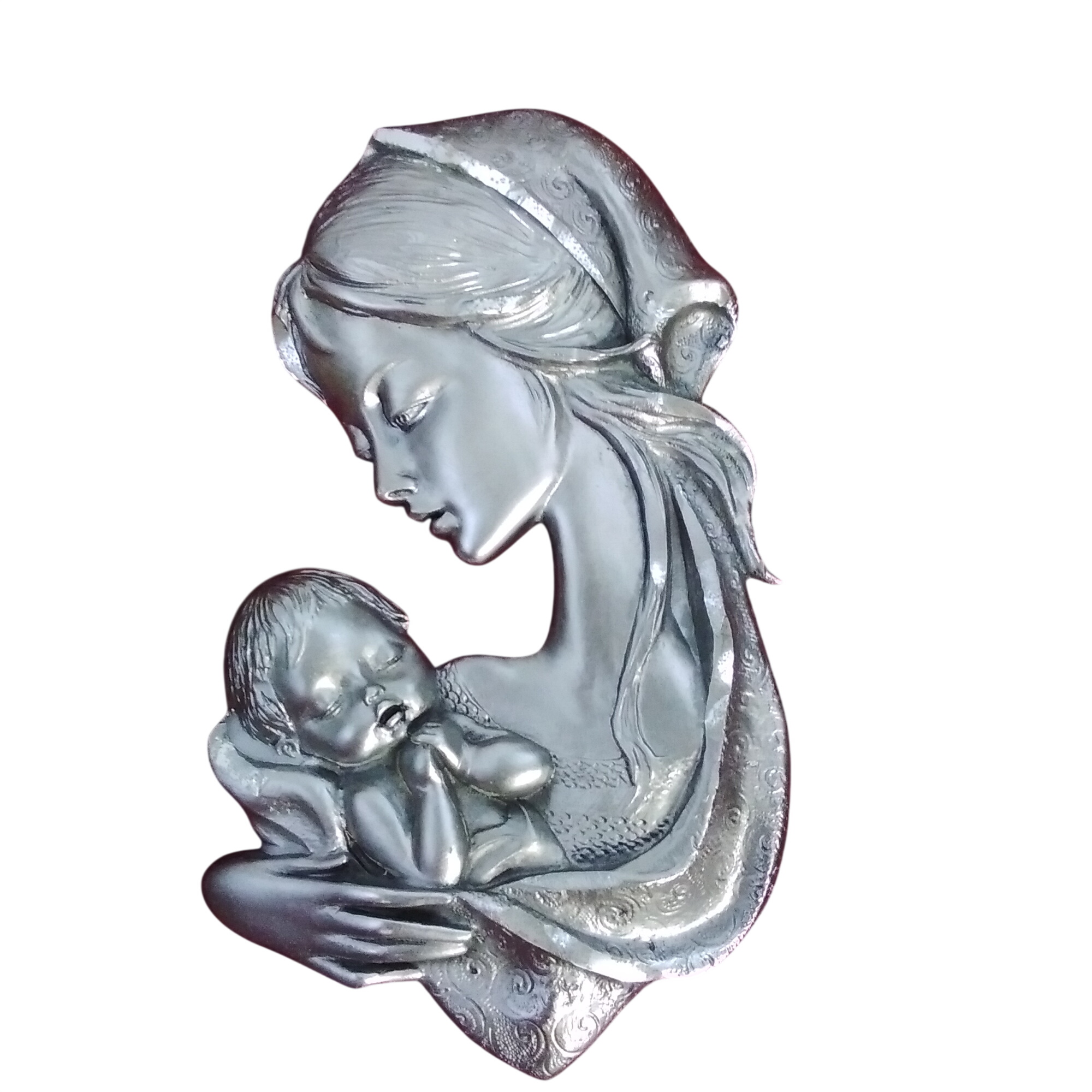 Voir photo 2 de Tableau étain sur velours rouge - Mère et son enfant Tableau étain sur velours rouge - Mère et son enfant État correct reconditionné photo 2