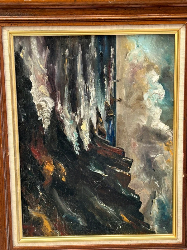 Voir photo 10 de Tableau marine huile sur toile cadre bois doré scène tempête bateau XXe Tableau marine huile sur toile cadre bois doré scène tempête bateau XXe Très bon état reconditionné photo 10