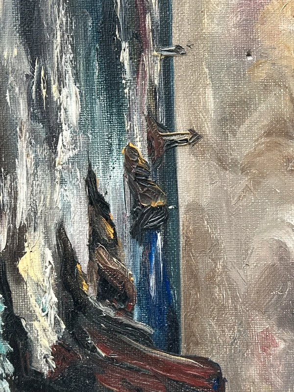 Voir photo 11 de Tableau marine huile sur toile cadre bois doré scène tempête bateau XXe Tableau marine huile sur toile cadre bois doré scène tempête bateau XXe Très bon état reconditionné photo 11
