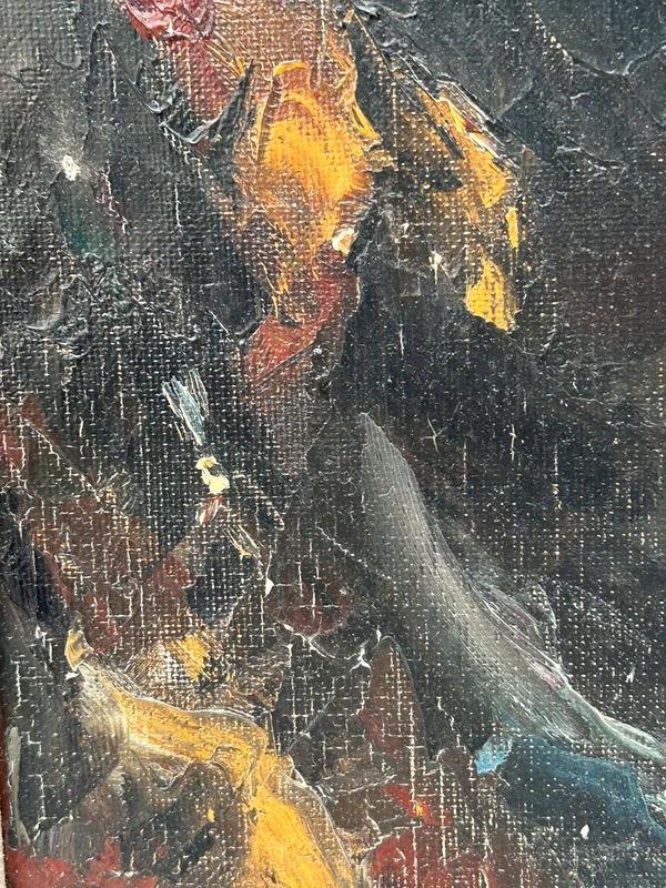 Voir photo 12 de Tableau marine huile sur toile cadre bois doré scène tempête bateau XXe Tableau marine huile sur toile cadre bois doré scène tempête bateau XXe Très bon état reconditionné photo 12