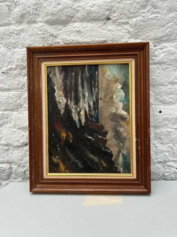 Voir photo 2 de Tableau marine huile sur toile cadre bois doré scène tempête bateau XXe Tableau marine huile sur toile cadre bois doré scène tempête bateau XXe Très bon état reconditionné photo 2