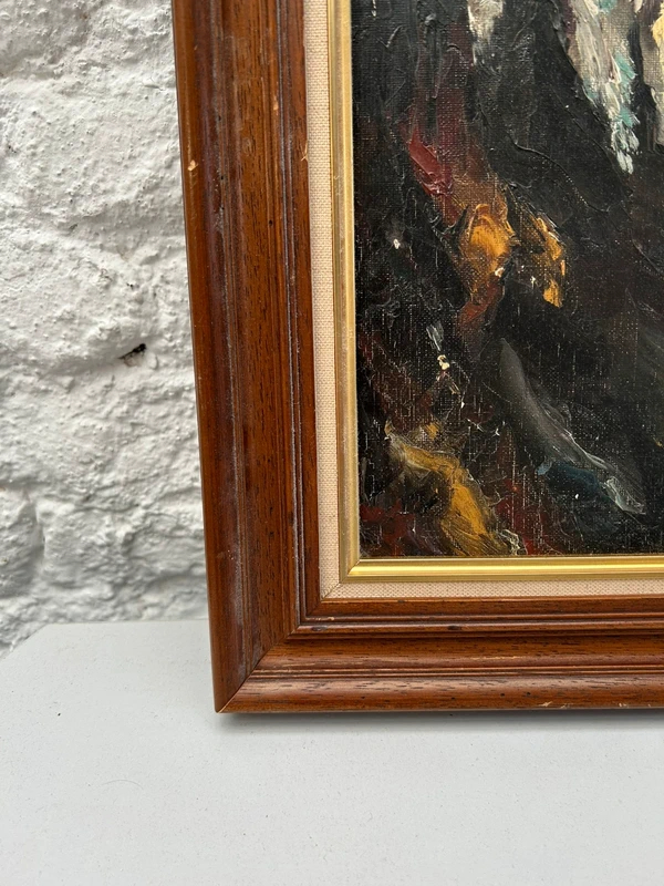 Voir photo 6 de Tableau marine huile sur toile cadre bois doré scène tempête bateau XXe Tableau marine huile sur toile cadre bois doré scène tempête bateau XXe Très bon état reconditionné photo 6