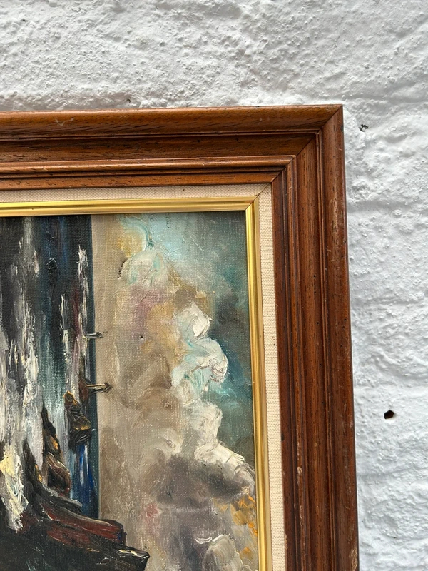Voir photo 9 de Tableau marine huile sur toile cadre bois doré scène tempête bateau XXe Tableau marine huile sur toile cadre bois doré scène tempête bateau XXe Très bon état reconditionné photo 9