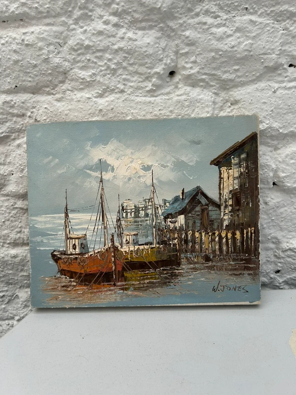 Voir photo 2 de Tableau marine huile sur toile W.Jones port bateaux côtier vintage signé Tableau marine huile sur toile W.Jones port bateaux côtier vintage signé Très bon état reconditionné photo 2