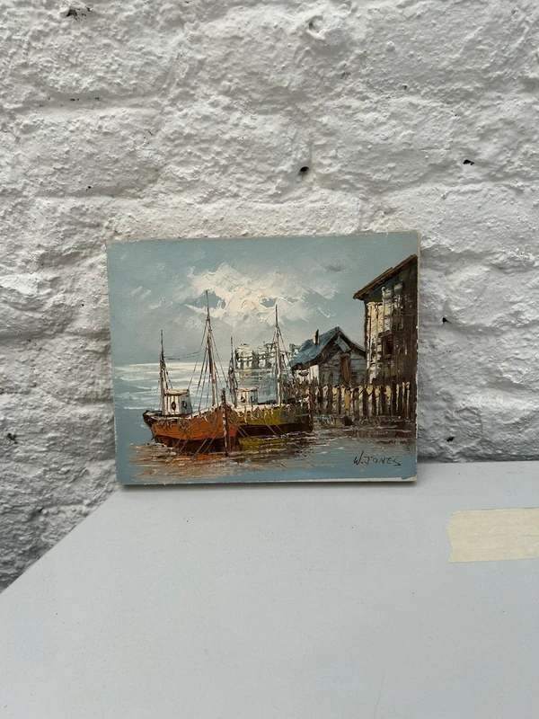 Voir photo 4 de Tableau marine huile sur toile W.Jones port bateaux côtier vintage signé Tableau marine huile sur toile W.Jones port bateaux côtier vintage signé Très bon état reconditionné photo 4