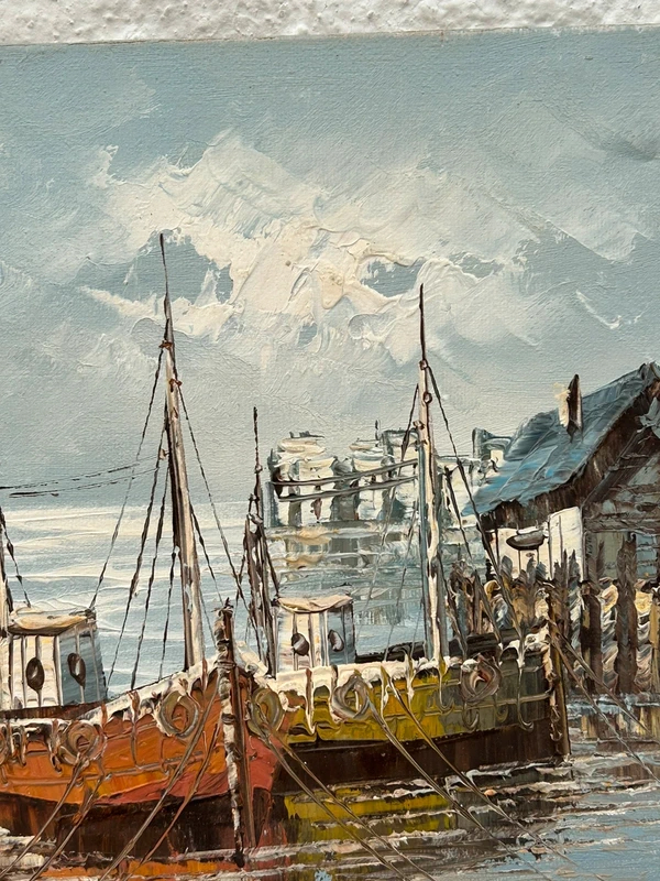 Voir photo 5 de Tableau marine huile sur toile W.Jones port bateaux côtier vintage signé Tableau marine huile sur toile W.Jones port bateaux côtier vintage signé Très bon état reconditionné photo 5