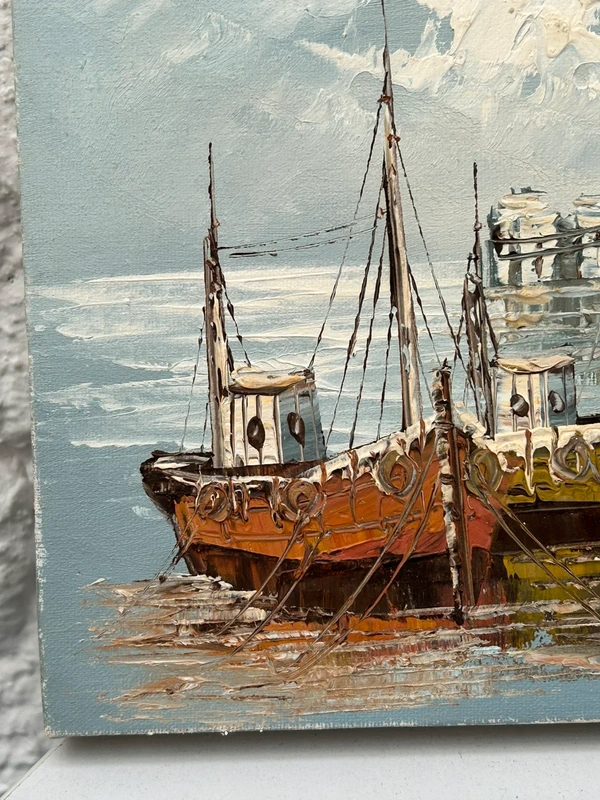 Voir photo 7 de Tableau marine huile sur toile W.Jones port bateaux côtier vintage signé Tableau marine huile sur toile W.Jones port bateaux côtier vintage signé Très bon état reconditionné photo 7
