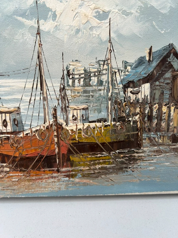 Voir photo 8 de Tableau marine huile sur toile W.Jones port bateaux côtier vintage signé Tableau marine huile sur toile W.Jones port bateaux côtier vintage signé Très bon état reconditionné photo 8