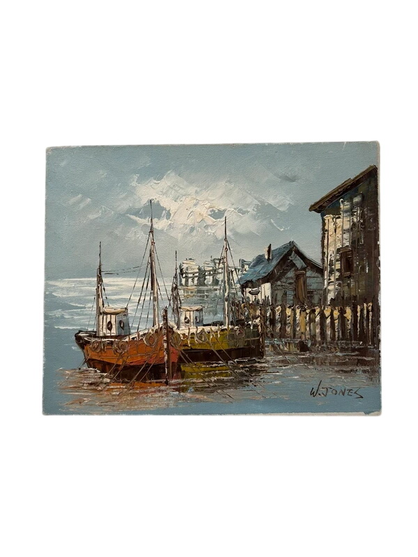 Acheter Tableau marine huile sur toile W.Jones port bateaux côtier vintage signé Très bon état - 75,00 € Tableau marine huile sur toile W.Jones port bateaux côtier vintage signé Très bon état reconditionné disponible sur Label Emmaüs