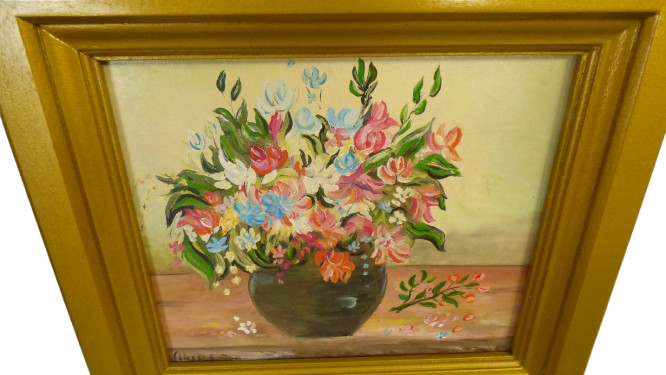 Voir photo 2 de Tableau original nature morte fleurs signé "Claire 7" Tableau original nature morte fleurs signé "Claire 7" Bon état reconditionné photo 2