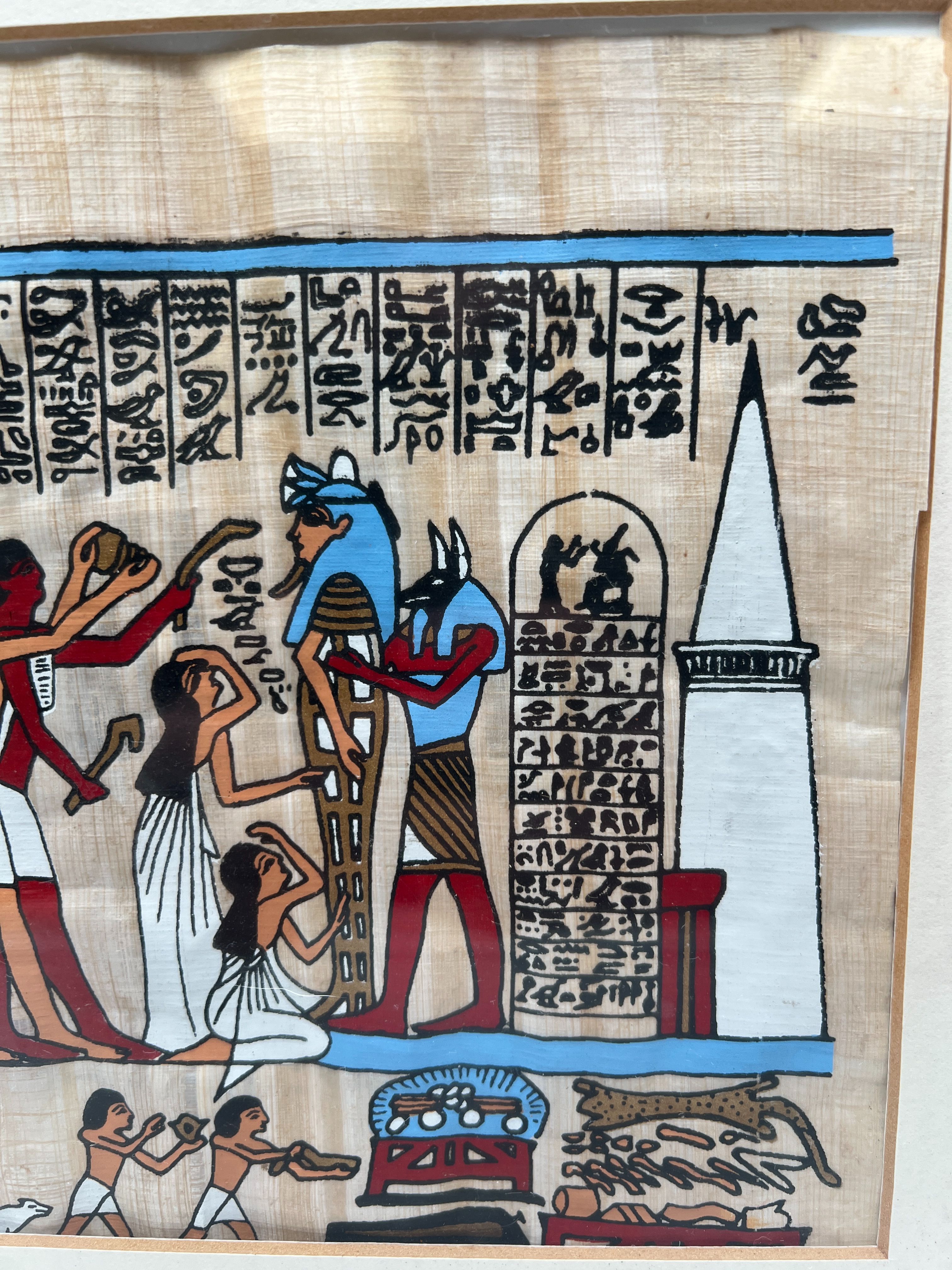 Voir photo 3 de Tableau parchemin égyptien en papyrus cadre plastique doré. Scène d'offrandes. Tableau parchemin égyptien en papyrus cadre plastique doré. Scène d'offrandes. Très bon état reconditionné photo 3