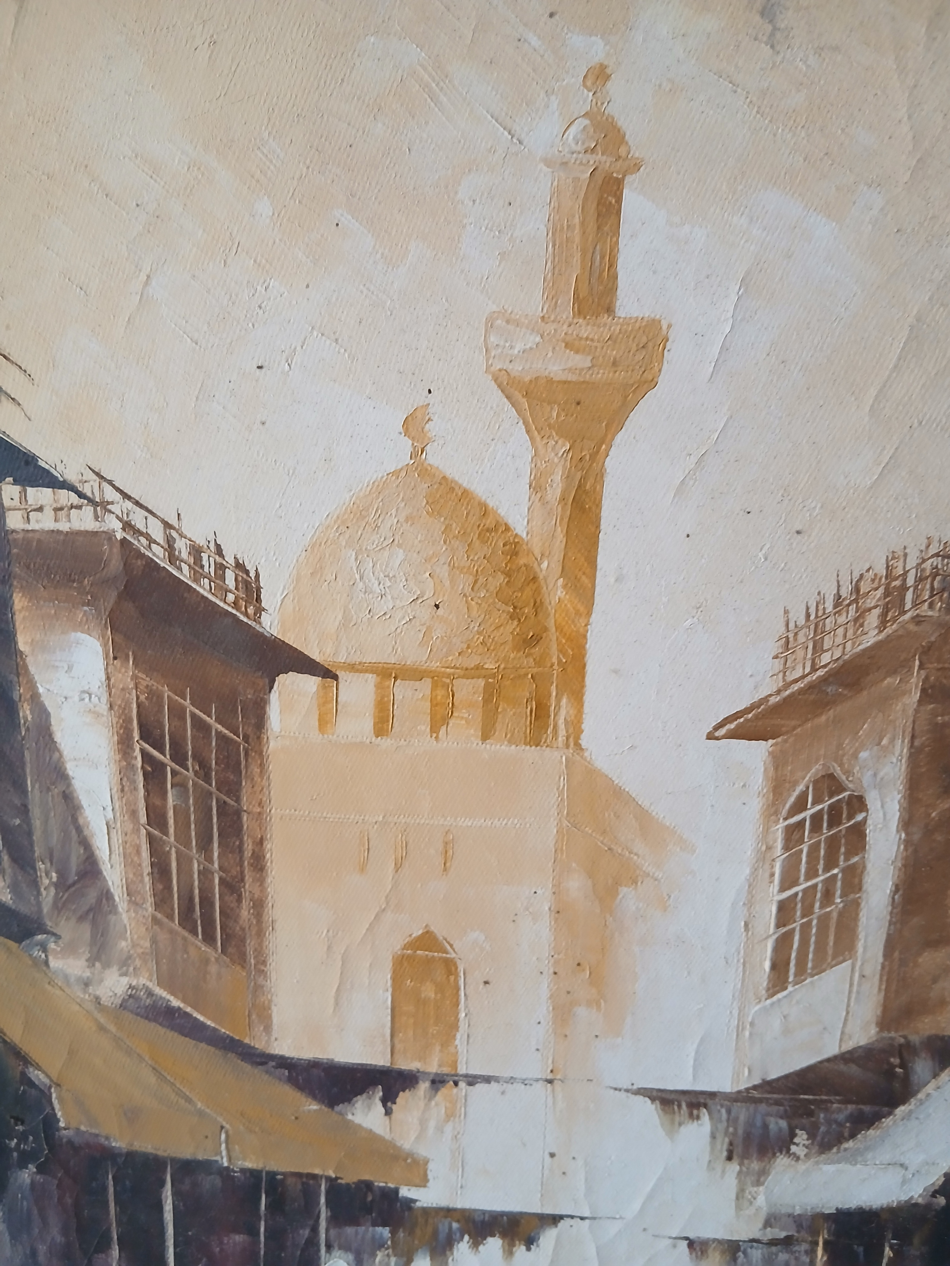 Voir photo 4 de Tableau peinture sur toile évoquant un paysage orientaliste signé SHENE. Tableau peinture sur toile évoquant un paysage orientaliste signé SHENE. Bon état reconditionné photo 4