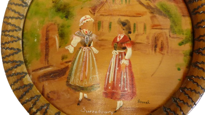 Voir photo 11 de Tableau rond signé "Souval" en bois peinte - mention "Sarrebourg" Tableau rond signé "Souval" en bois peinte - mention "Sarrebourg" reconditionné photo 11