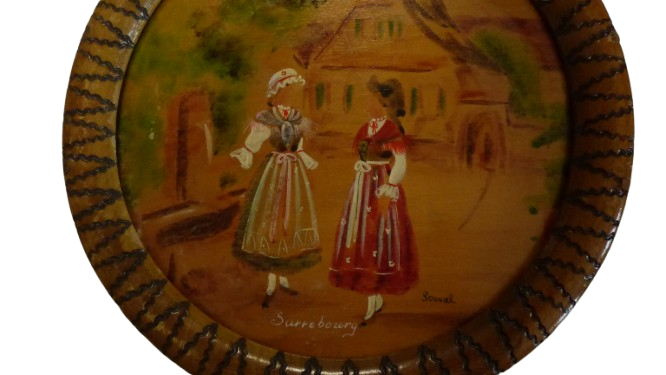 Voir photo 12 de Tableau rond signé "Souval" en bois peinte - mention "Sarrebourg" Tableau rond signé "Souval" en bois peinte - mention "Sarrebourg" reconditionné photo 12
