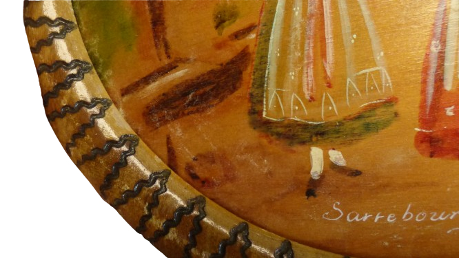 Voir photo 6 de Tableau rond signé "Souval" en bois peinte - mention "Sarrebourg" Tableau rond signé "Souval" en bois peinte - mention "Sarrebourg" reconditionné photo 6