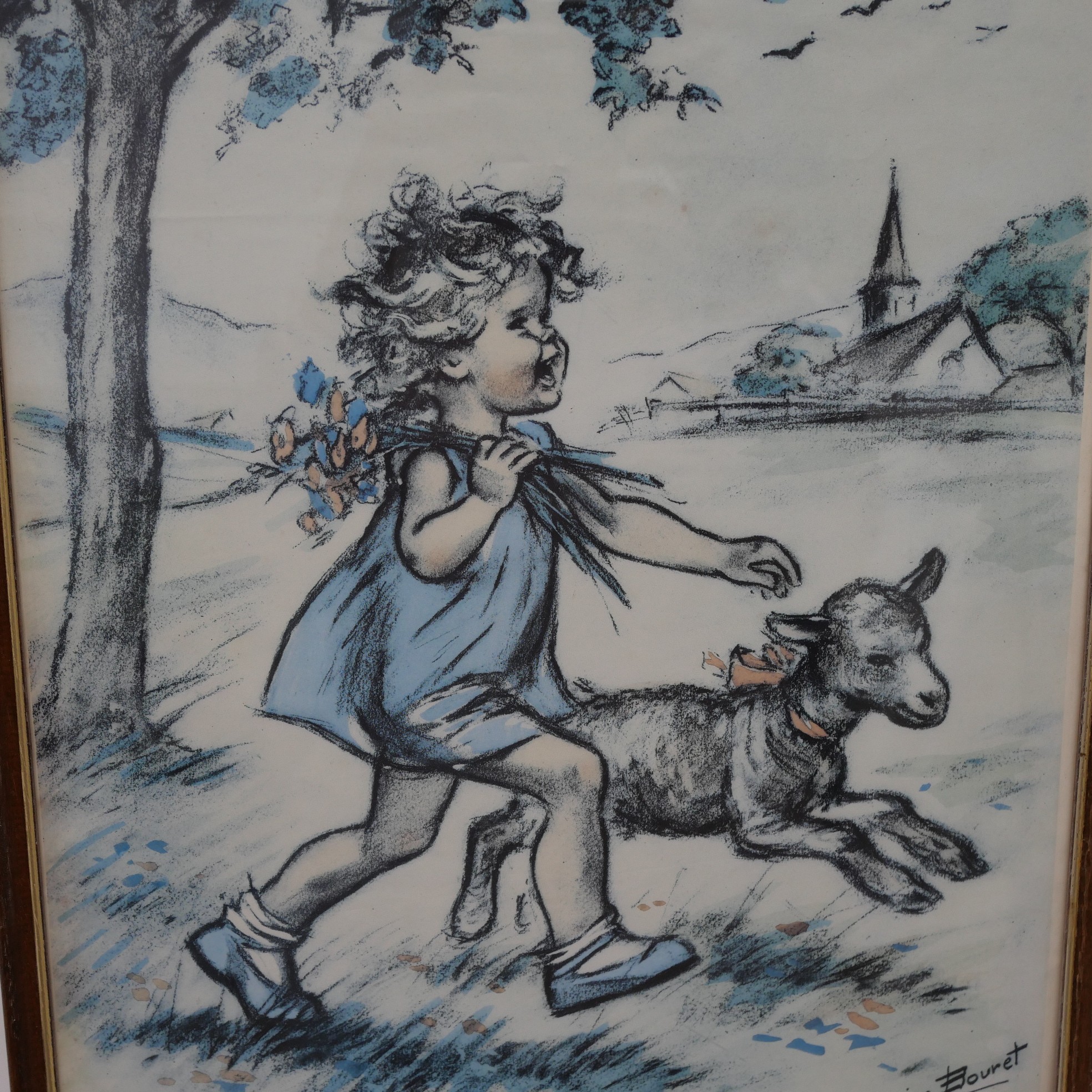 Voir photo 3 de Tableau vintage signé Germaine Bouret - Enfant et son chevreau Tableau vintage signé Germaine Bouret - Enfant et son chevreau Bon état reconditionné photo 3