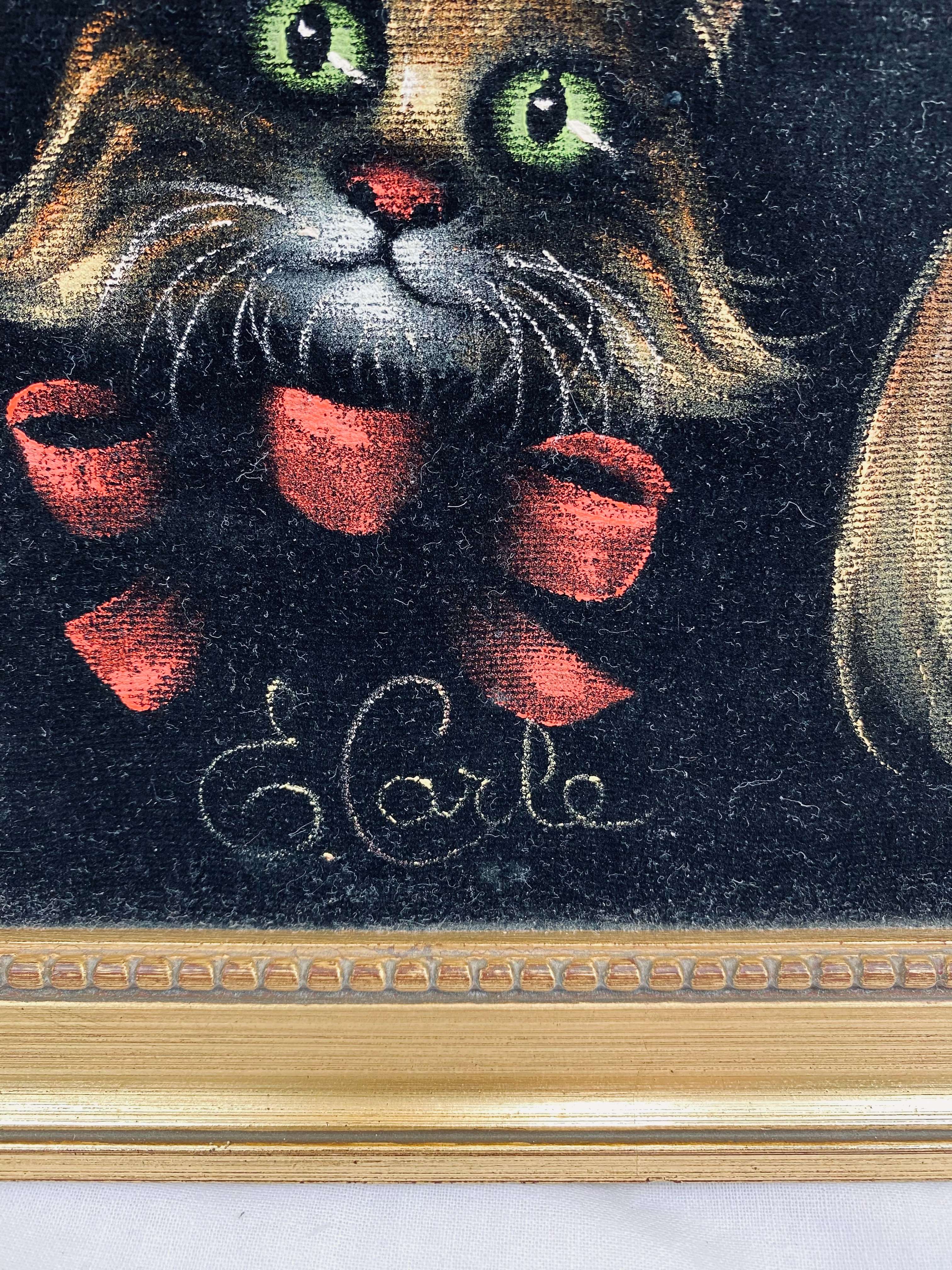 Voir photo 2 de Tableau vintage sur velours Noir Années 70 - Style Keane "Enfant aux grands Yeux" & Chat Tableau vintage sur velours Noir Années 70 - Style Keane "Enfant aux grands Yeux" & Chat Bon état reconditionné photo 2