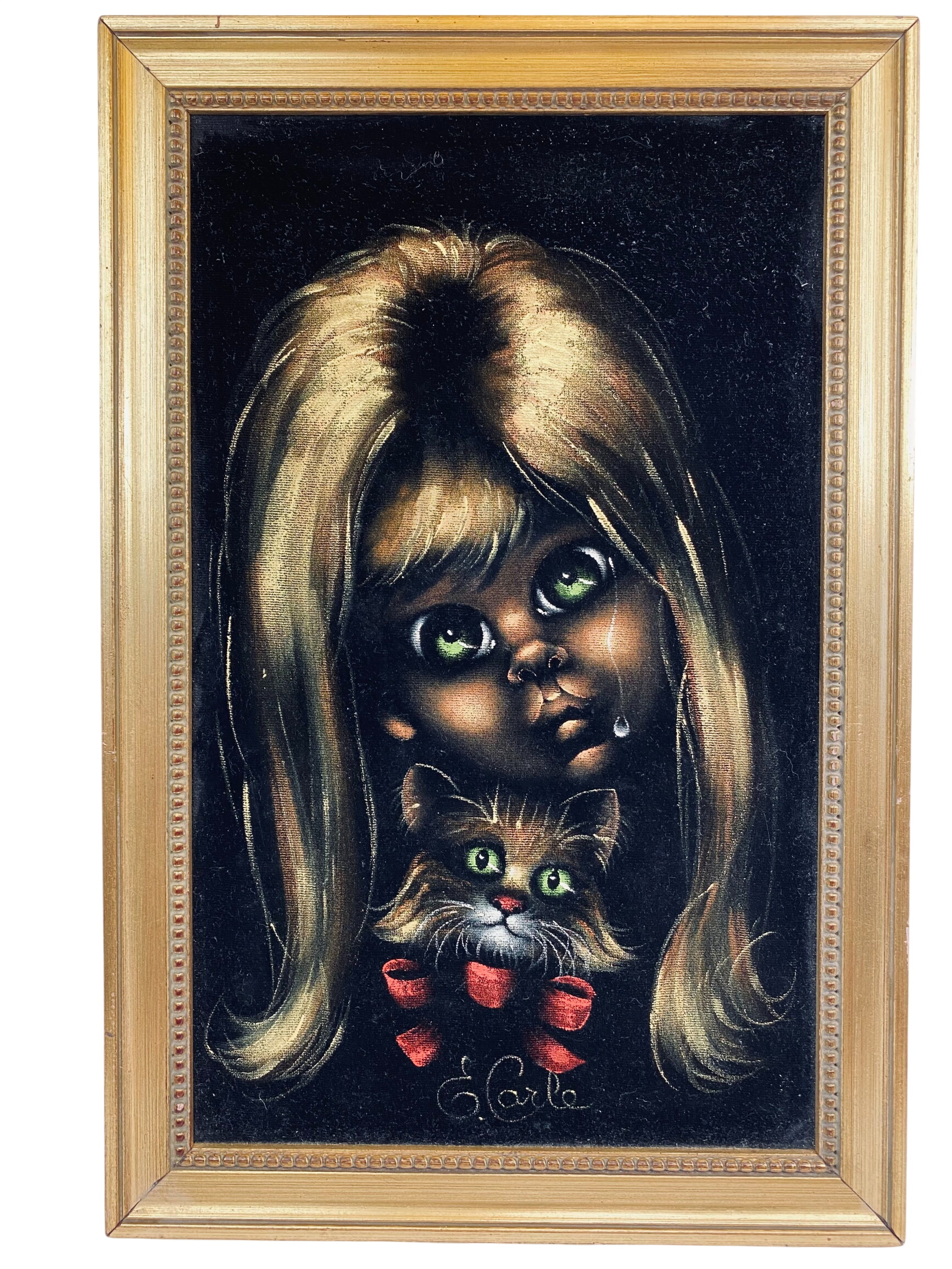 Tableau vintage sur velours Noir Années 70 - Style Keane "Enfant aux grands Yeux" & Chat Bon état - 38,00 € Tableau vintage sur velours Noir Années 70 - Style Keane "Enfant aux grands Yeux" & Chat Bon état reconditionné disponible sur Label Emmaüs