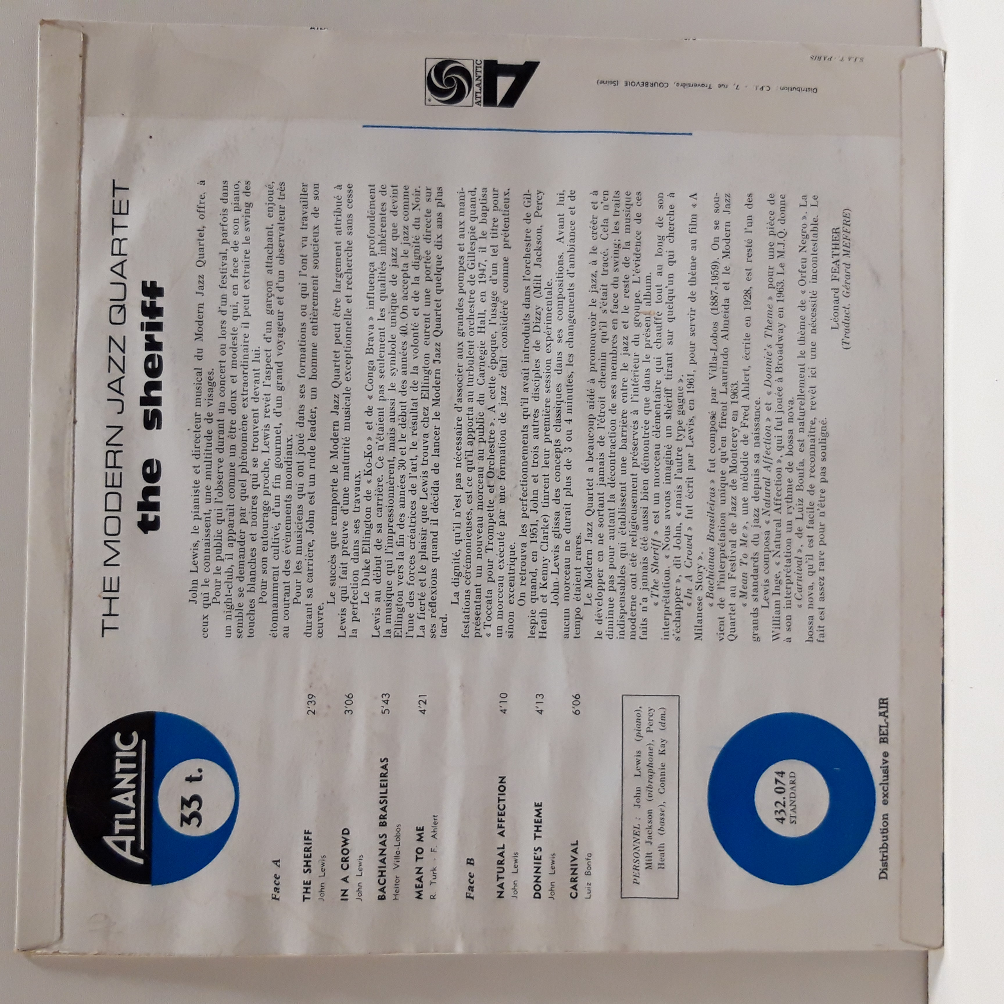 Voir photo 2 de The Sheriff, the modern jazz quartet, Atlantic 432074 The Sheriff, the modern jazz quartet, Atlantic 432074 État correct reconditionné photo 2