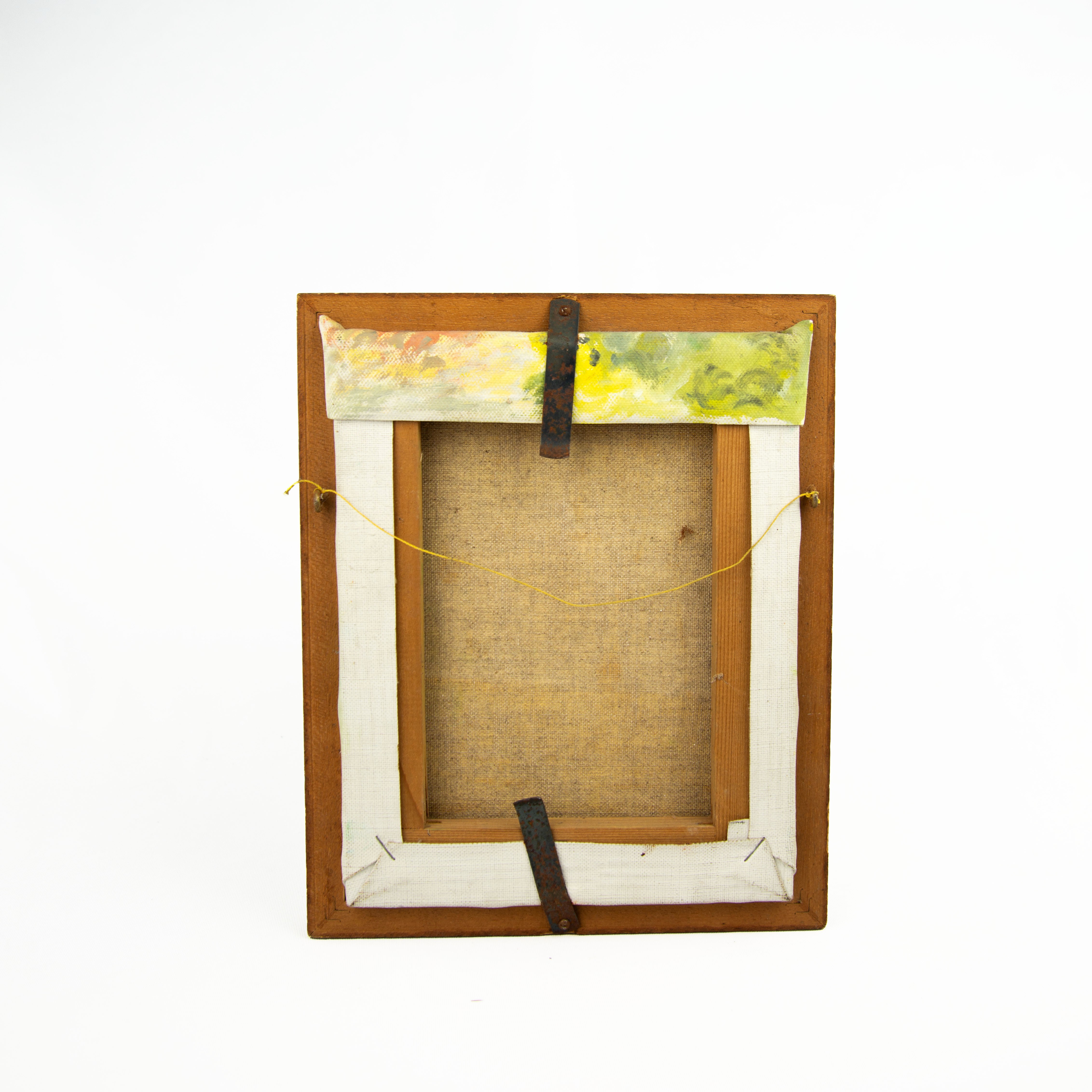 Voir photo 2 de Toile peinte avec son cadre en bois, représentant une poule sur des pots de fleurs dans son jardin de 28cm sur 22cm Toile peinte avec son cadre en bois, représentant une poule sur des pots de fleurs dans son jardin de 28cm sur 22cm Bon état reconditionné photo 2