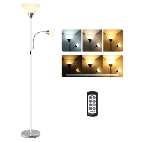 tomons Lampadaire LED Dimmable, Lampadaire Sur Pied avec Lampe de Lecture et Télécommande, 3 Couleurs, Luminosité Variable en Continu, Commande Tactile, Actionnable Séparément, Argent État correct N/A reconditionné disponible sur Fnac