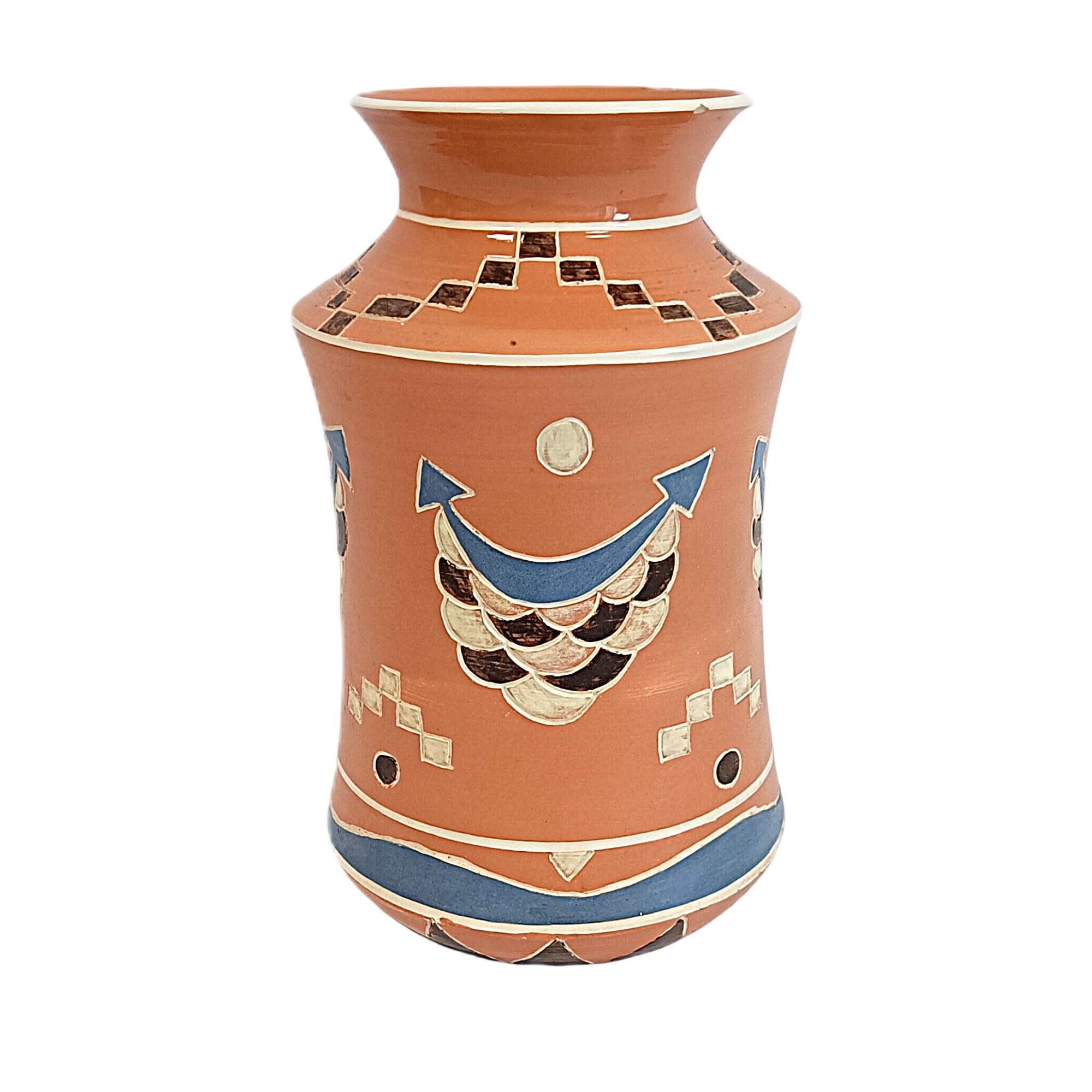 Acheter Vase en céramique peint à la main H 21 cm Ø 13,5 cm Bon état - 10,00 € Vase en céramique peint à la main H 21 cm Ø 13,5 cm Bon état reconditionné disponible sur Label Emmaüs