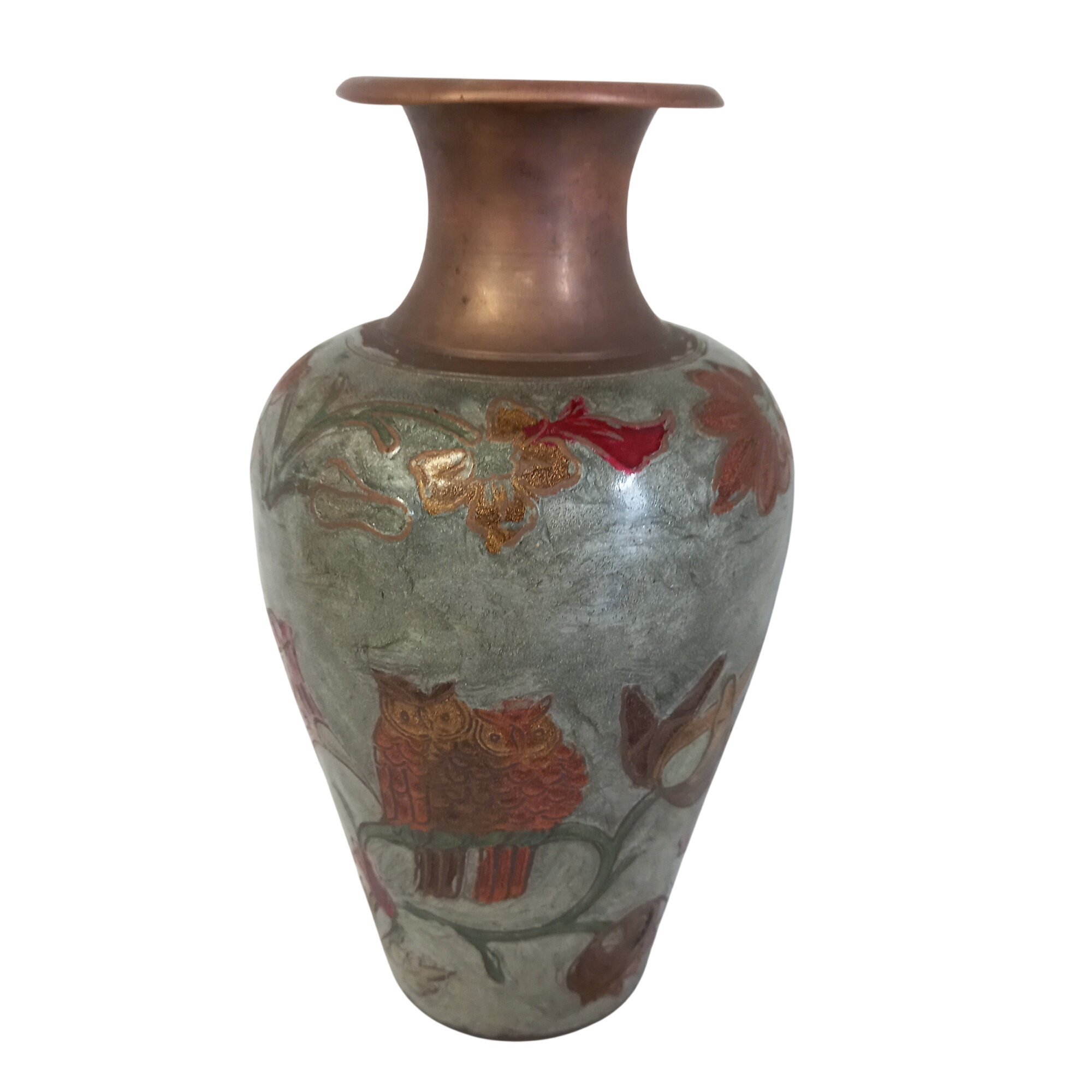 Acheter Vase en laiton et en émail, décoré de chouettes et de fleurs - 20,80 € Vase en laiton et en émail, décoré de chouettes et de fleurs reconditionné disponible sur Label Emmaüs