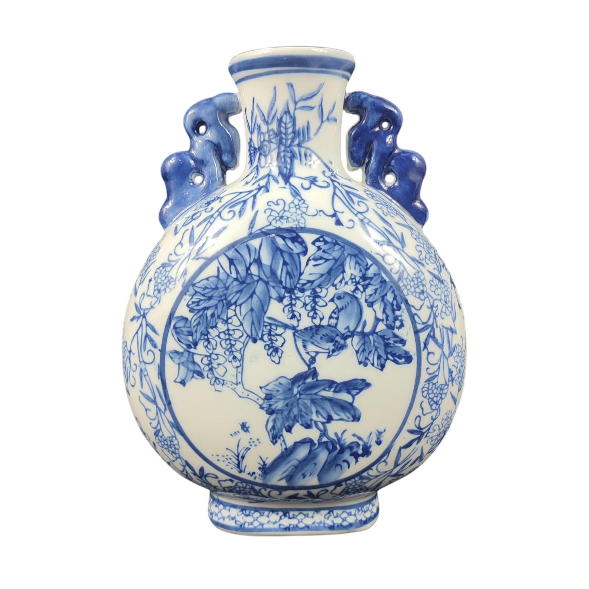 Voir photo 3 de Vase gourde bleu chinois - Décor floral avec oiseaux Vase gourde bleu chinois - Décor floral avec oiseaux Bon état reconditionné photo 3