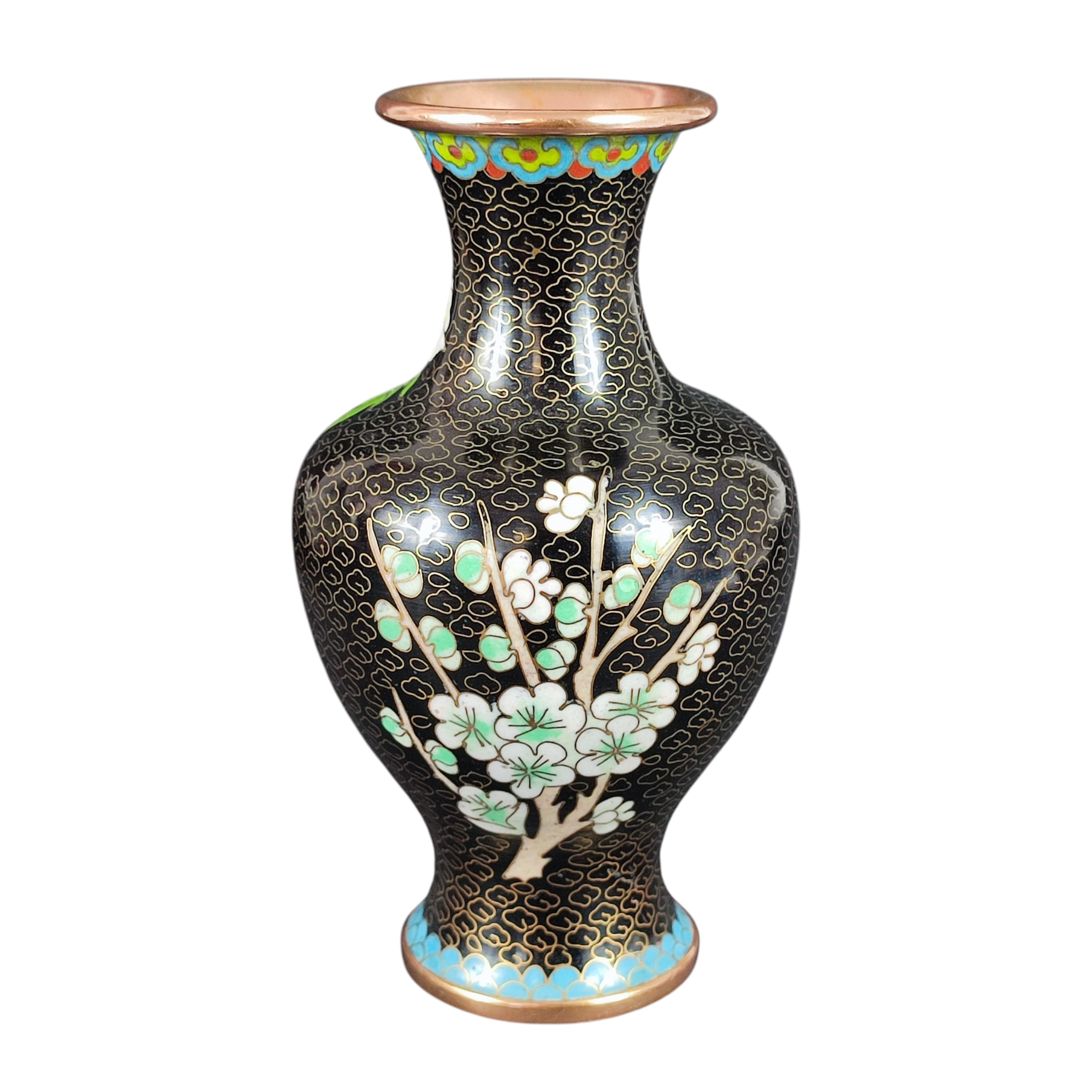 Voir photo 2 de Vase noir vintage en émail cloisonné de Chine - décor de fleurs et d'oiseaux Vase noir vintage en émail cloisonné de Chine - décor de fleurs et d'oiseaux État correct reconditionné photo 2