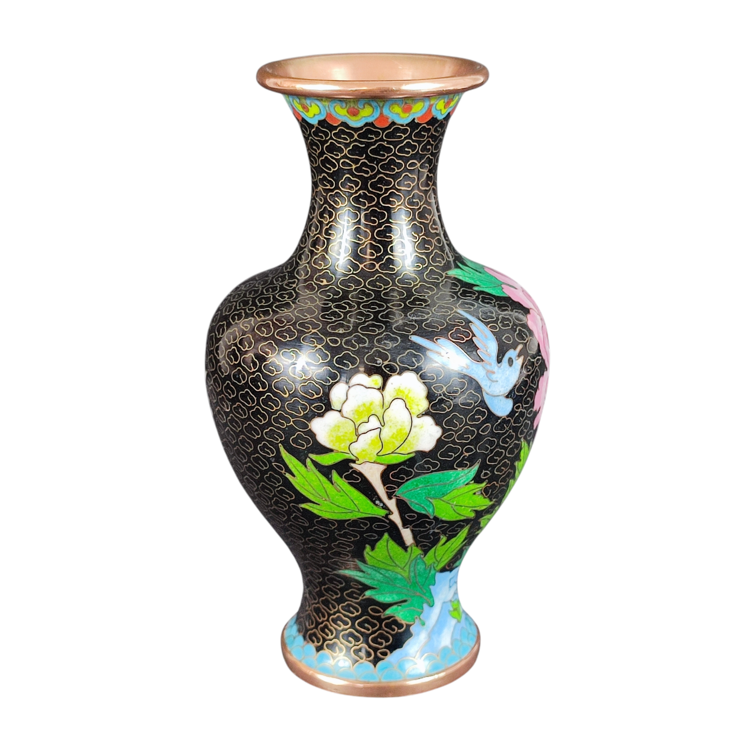 Voir photo 3 de Vase noir vintage en émail cloisonné de Chine - décor de fleurs et d'oiseaux Vase noir vintage en émail cloisonné de Chine - décor de fleurs et d'oiseaux État correct reconditionné photo 3