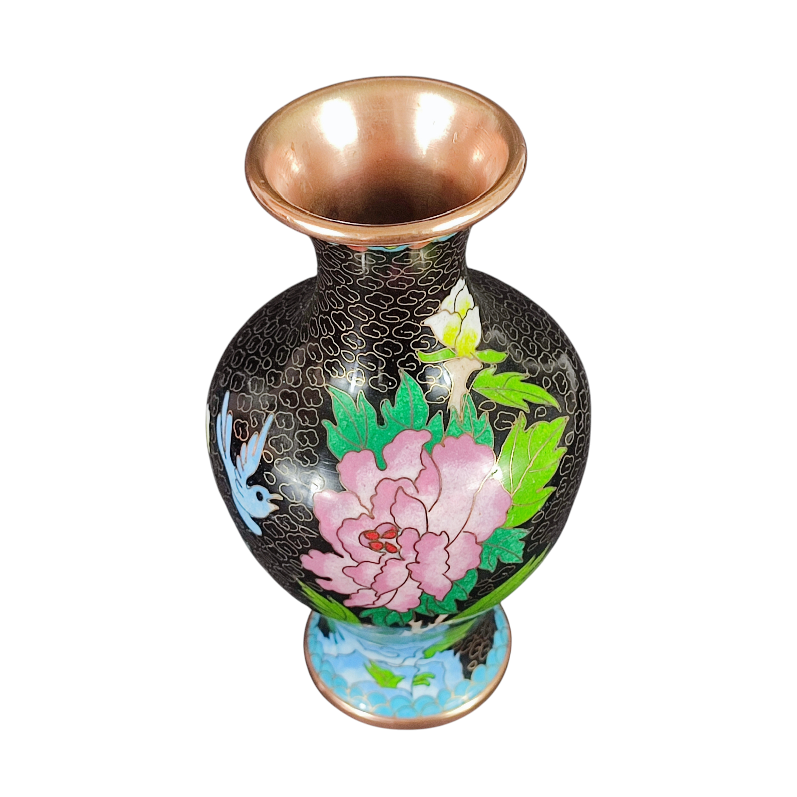 Voir photo 4 de Vase noir vintage en émail cloisonné de Chine - décor de fleurs et d'oiseaux Vase noir vintage en émail cloisonné de Chine - décor de fleurs et d'oiseaux État correct reconditionné photo 4