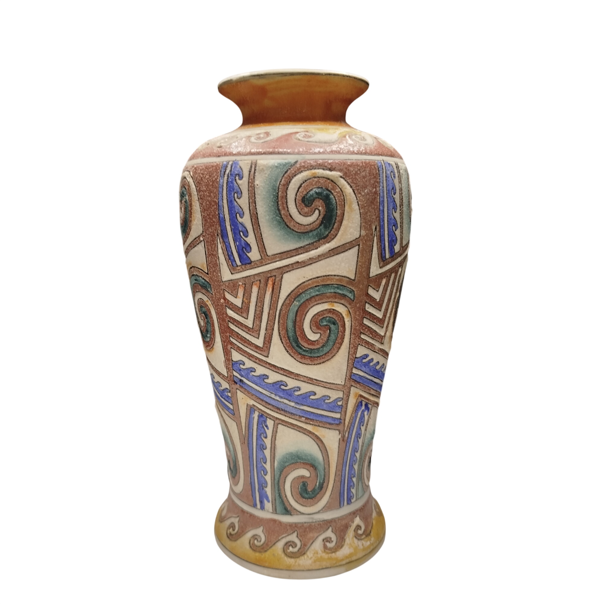 Vase vintage en céramique émaillée décor géométrique polychrome fait main 27 cm Très bon état - 45,00 € Vase vintage en céramique émaillée décor géométrique polychrome fait main 27 cm Très bon état reconditionné disponible sur Label Emmaüs