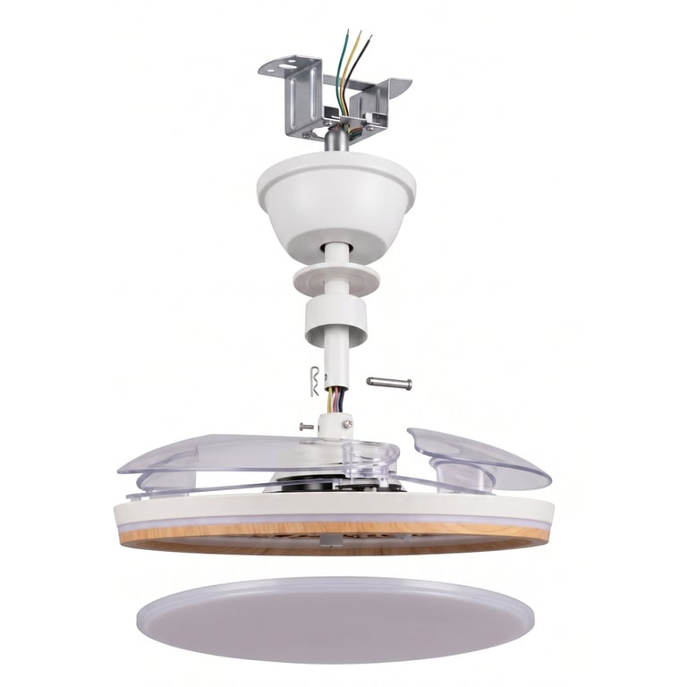Ventilateur de plafond LED rétractable Yatek Rubia 60W moteur DC 6980 lm 6 vitesses télécommande lumière réglable Ø107 cm blanc hêtre - Bon état Bon état reconditionné photo 2 | Dero