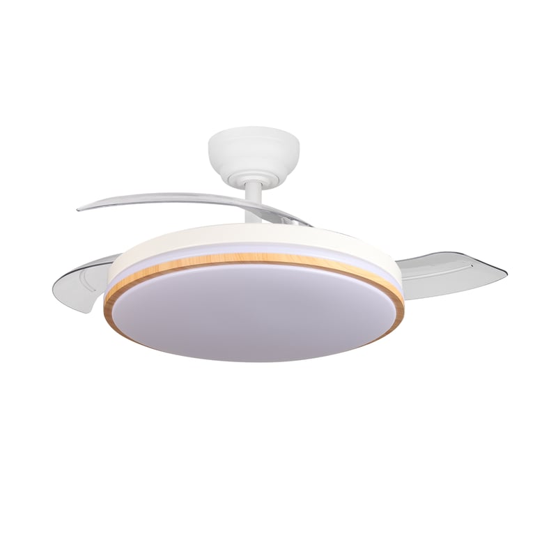 Ventilateur de plafond LED rétractable Yatek Rubia 60W moteur DC 6980 lm 6 vitesses télécommande lumière réglable Ø107 cm blanc hêtre - Bon état Bon état reconditionné disponible sur Pixmania | Dero