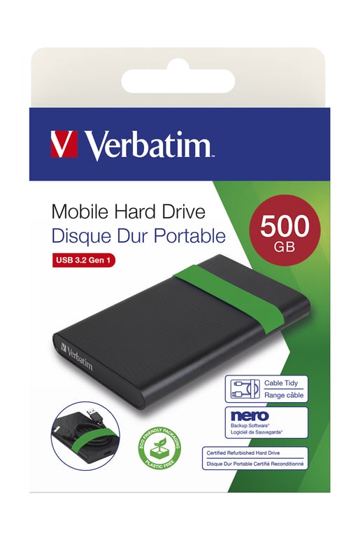 Verbatim 53111 disque dur externe 512 Go 5400 tr/min 2.5  Micro-USB B 2.0/3.2 Gen 1 (3.1 Gen 1) Noir, Vert - Excellent état Parfait état Verbatim reconditionné photo 2 | Dero