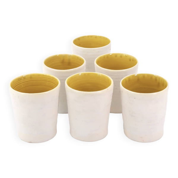 Verres en céramique de Guy Resse blanc et jaune, Vallauris Bon état reconditionné (offre indisponible)