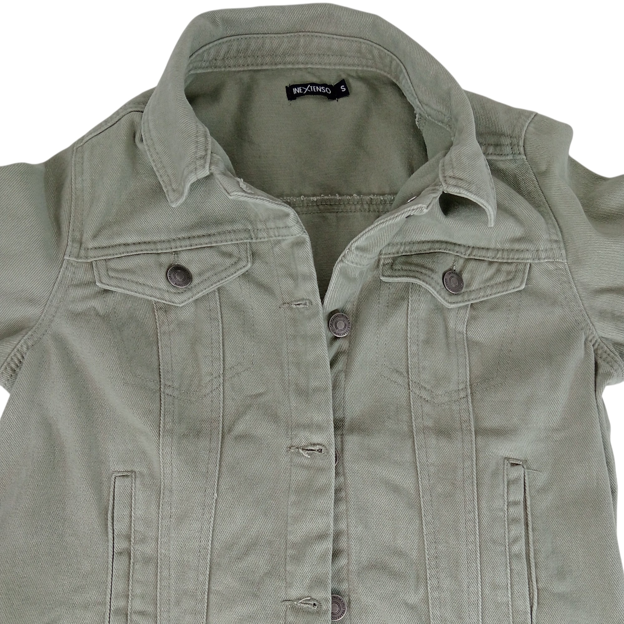 Voir photo 4 de Veste en jean - femme - marque InExtenso - manches longues - couleur vert kaki - taille S (36) Veste en jean - femme - marque InExtenso - manches longues - couleur vert kaki - taille S (36) Très bon état reconditionné photo 4